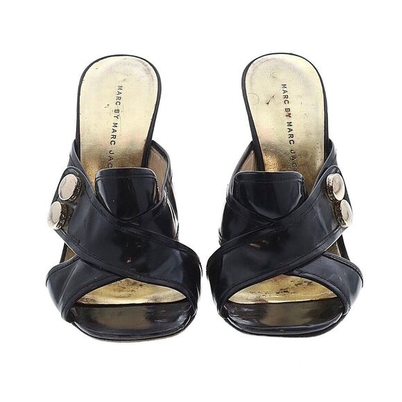 Marc by Marc Jacob Black Gold Metallic Heel Slip On Strappy Slides Mule Sz EU 37 - Picture 2 of 2